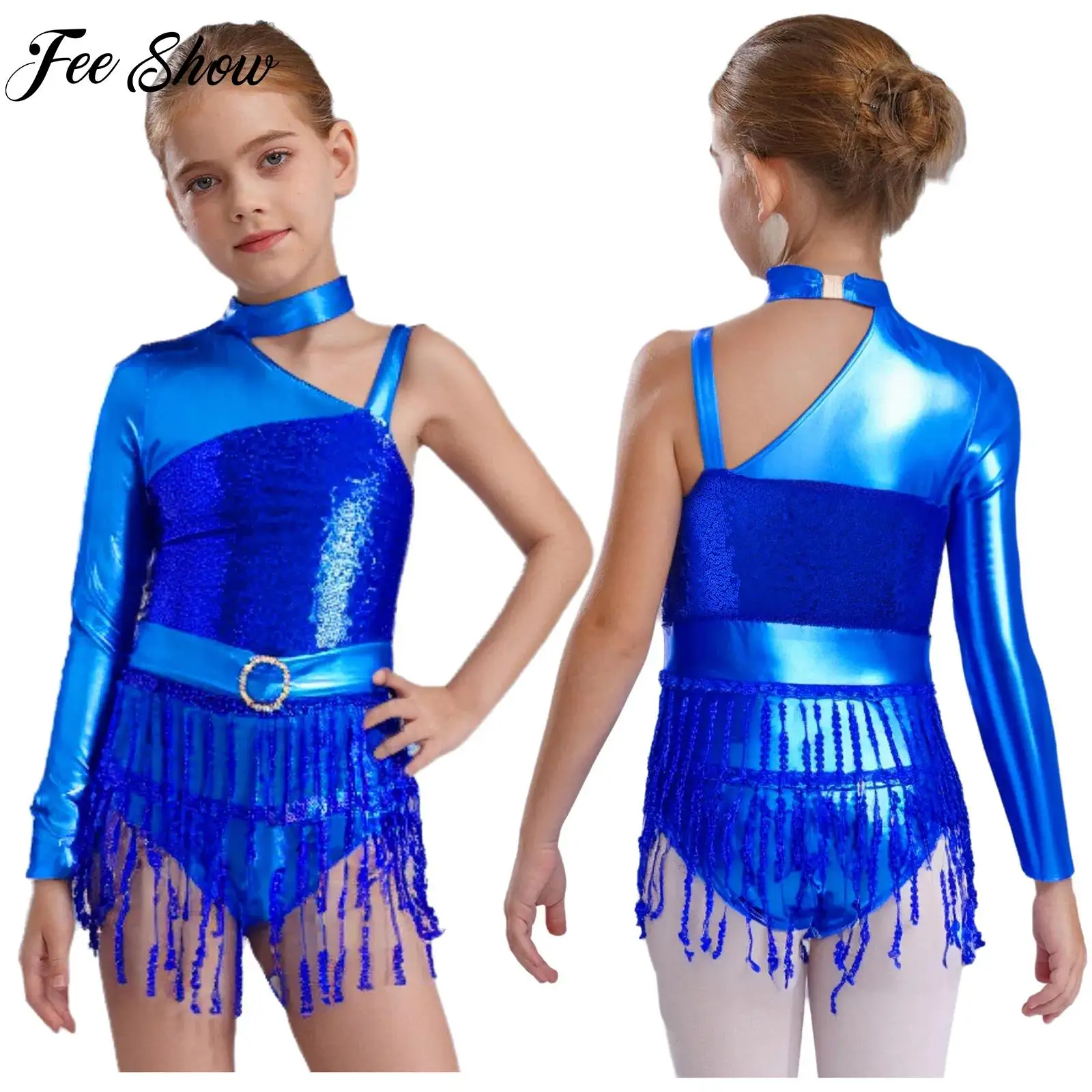 

Children Girls Sparkly Sequins Tassels Latin Dance Leotard Dress Metallic Bodysuit Kids Jazz Cha-cha Dance Performance Costumes