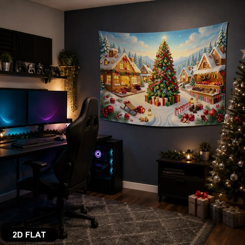 2D Flat,1pc Printed Tapestry, Christmas Gingerbread House Village Pattern, Holiday Wall Decor, for Living Room,Bedroom,Dorm