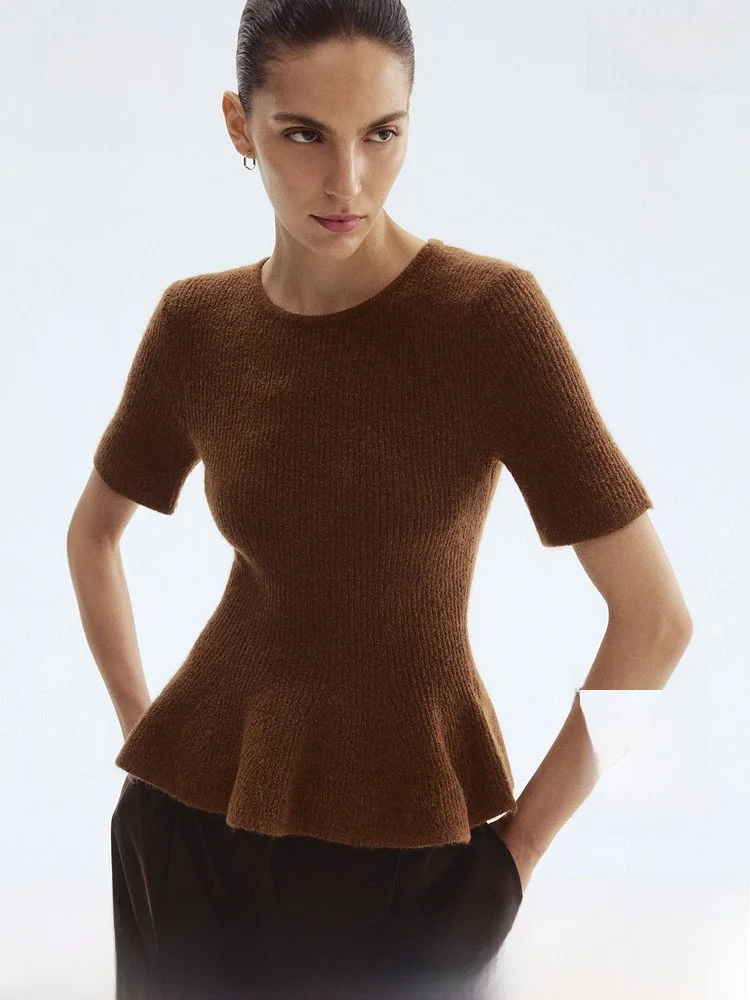 

H&M Women's Knitted Sweater round Ne Slim Fit Casual Sle Decorative Hem Ribbed Knit Top Spring Faion Ele Waist-Cinc...