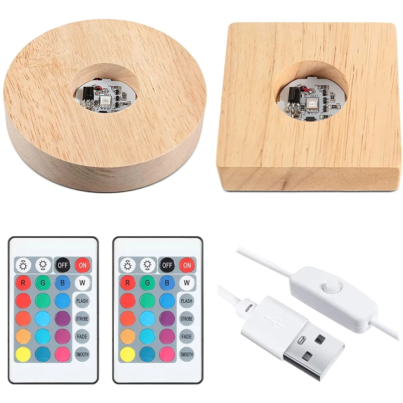 5/6/8/10CM Square Round Solid Wood LED Light Luminous Lamp Holder DIY Crystal Night Light Base USB 1.5M With Remote Control