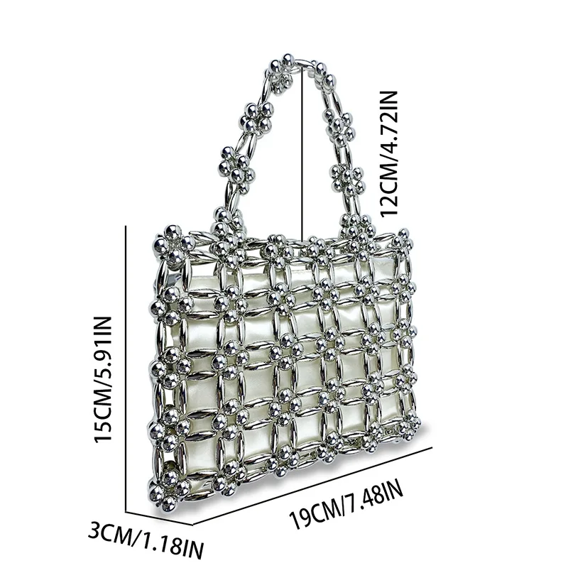 SHINE High Sense Kleine quadratische Perlentasche 2024, süße Blume, aushöhlen, Perlenperlen, Kosmetiktasche, weibliche Strandtasche, Handtaschen