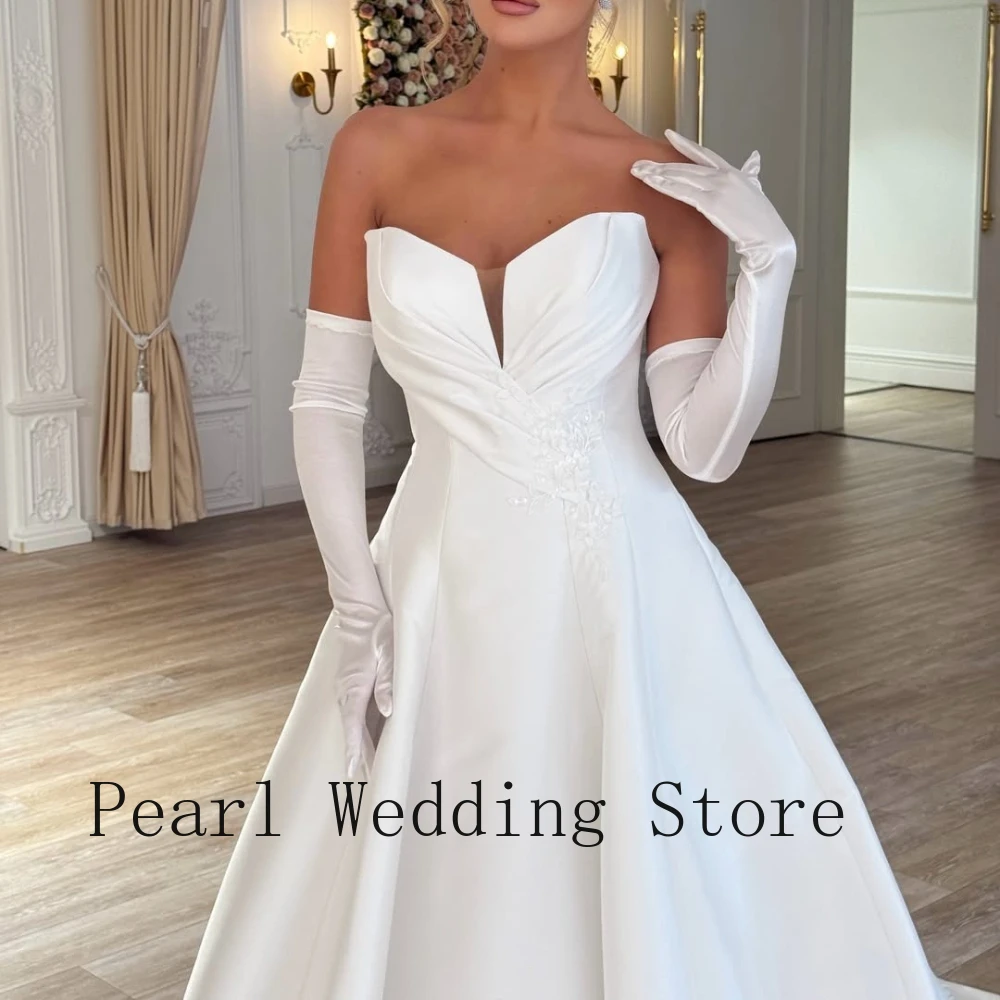 Customized White Strapless Sweetheart Neck Satin 3D Floral A-Line Wedding Dress with Train, Elegant Bridal Gown Plus Size