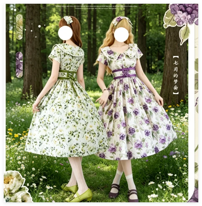

Classic Summer Flower Print Lace Bow Ball Gown Dress Vintage Elegance Everyday High Waist Doll Collar Short Sleeve Dresses Women