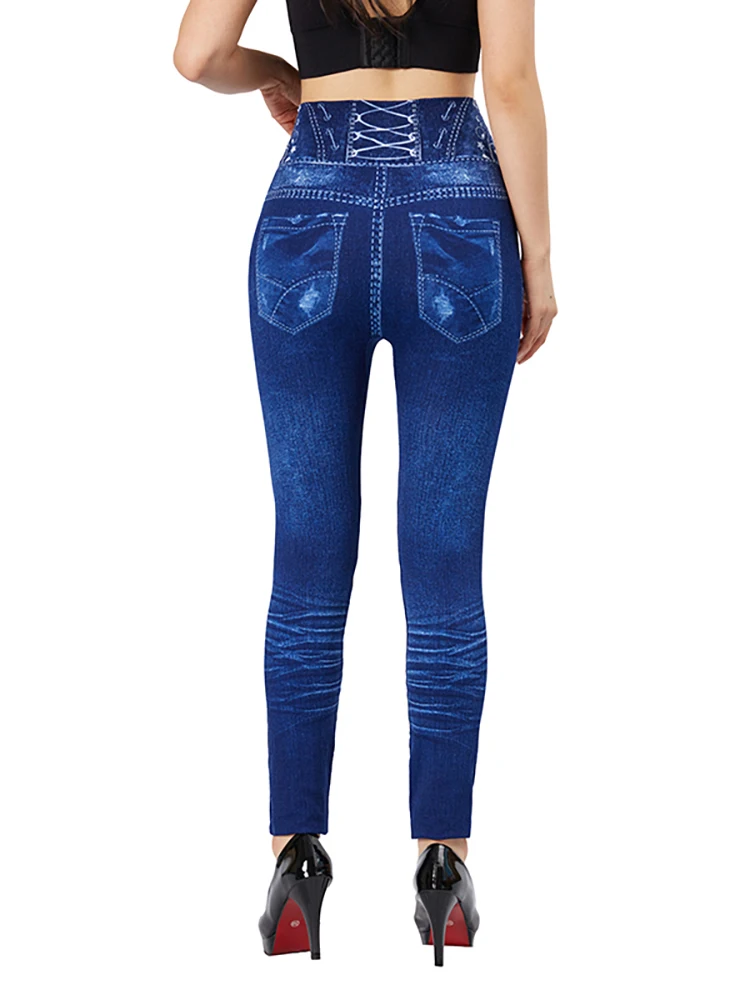 CUHAKCI Fake Holes Bandage Print Blue Jeggings Stretch High Waist Workout Yoga Pencil Pants Women Slim Fit Faux Denim Leggings