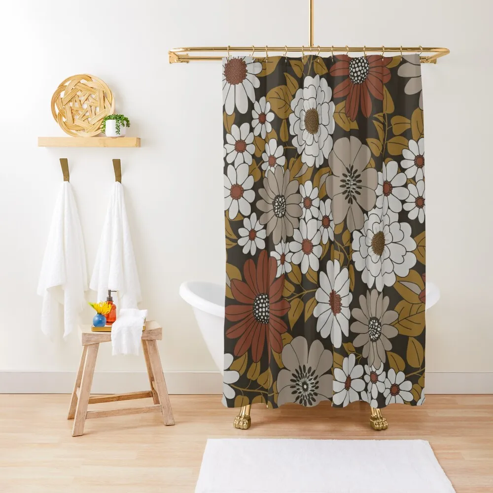 Brown, Orange, and Ivory Retro Flower Pattern Shower Curtain Bathroom Accessories Bathroom Shower Bathroom Decor Curtain