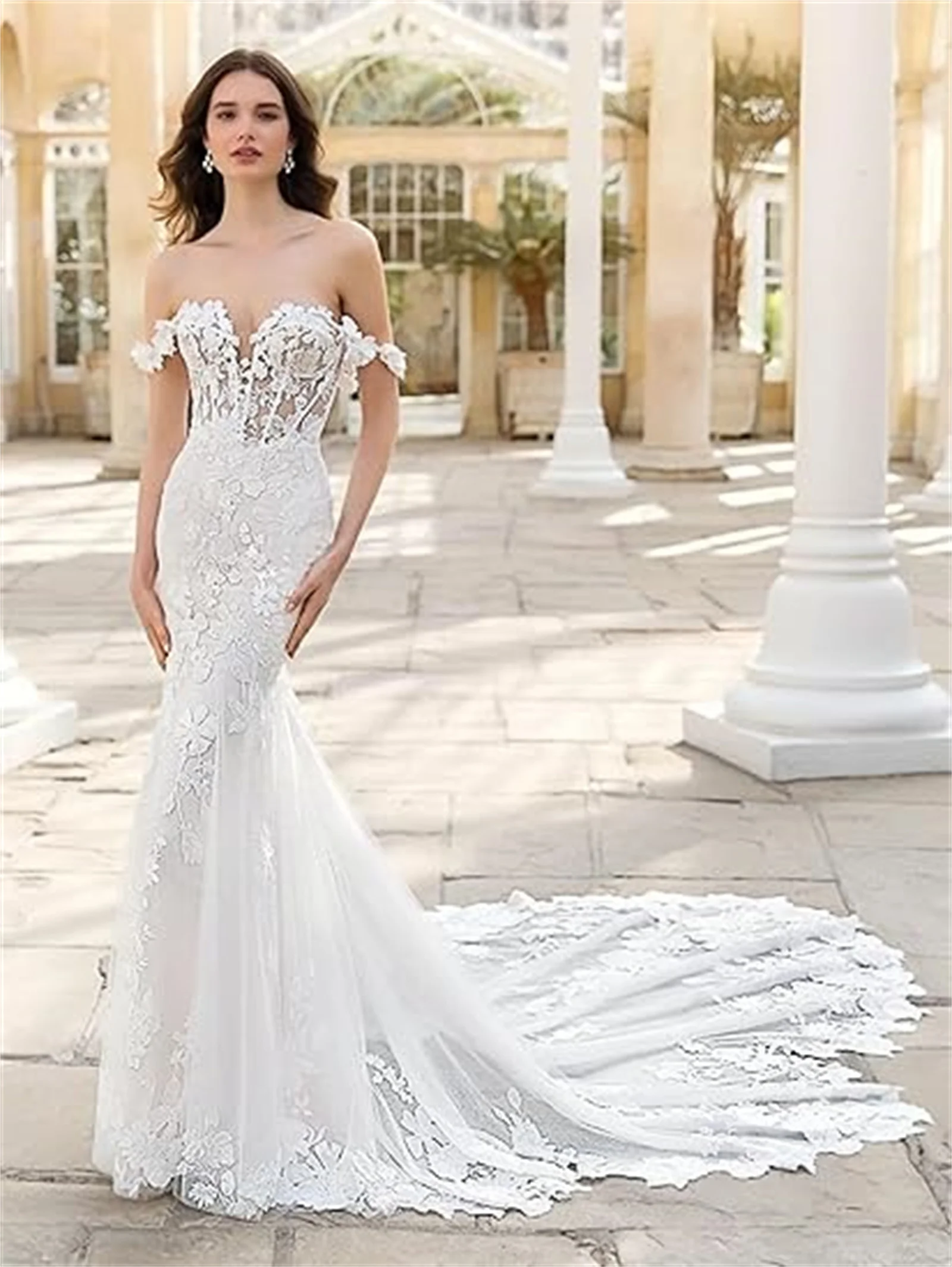 

Customized Off The Shoulder Mermaid Wedding Dresses For Bride White Tulle Lace Appliques Deep V Neck Long Bridal Gowns For Women