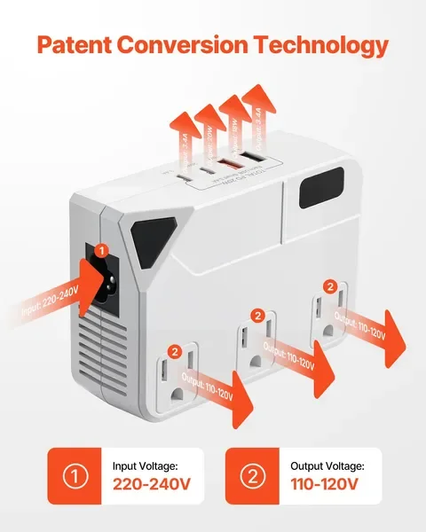 محول جهد كهربي تنحى 220 فولت إلى 110 فولت محول سفر مع 2 منافذ USB C