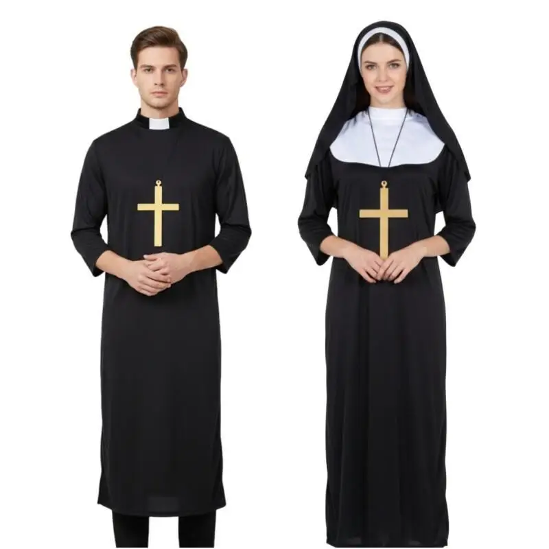 Disfraz Religioso de Sacerdote o Monja para Adultos, Conjunto de Bufanda, Disfraces de Cosplay para Halloween, Católicos, Cristianos, Pastores, Clérigos, con Decoración de Cruz