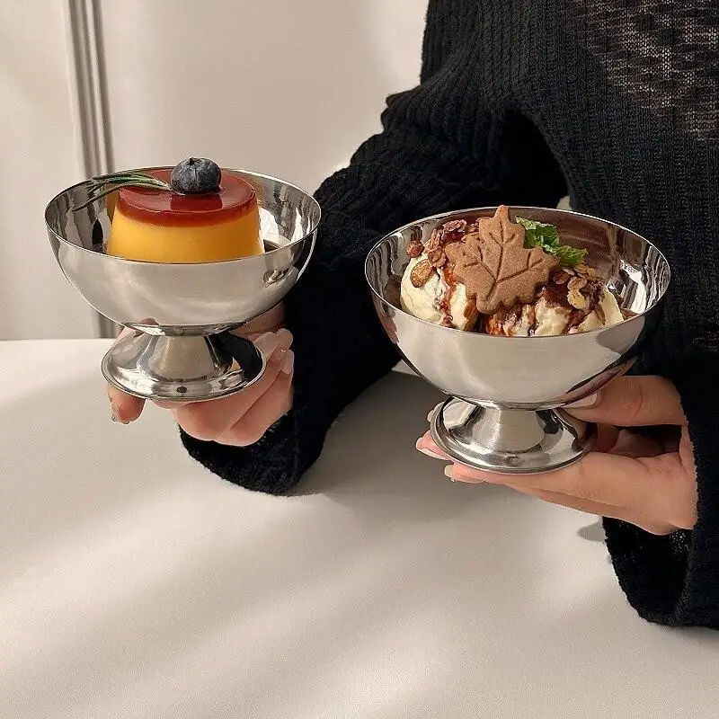 Stainless Steel Pedestal Dessert Bowls BPA Free Food Safe Shiny Polished for Ice Cream Fruit Birthday Party Supplies