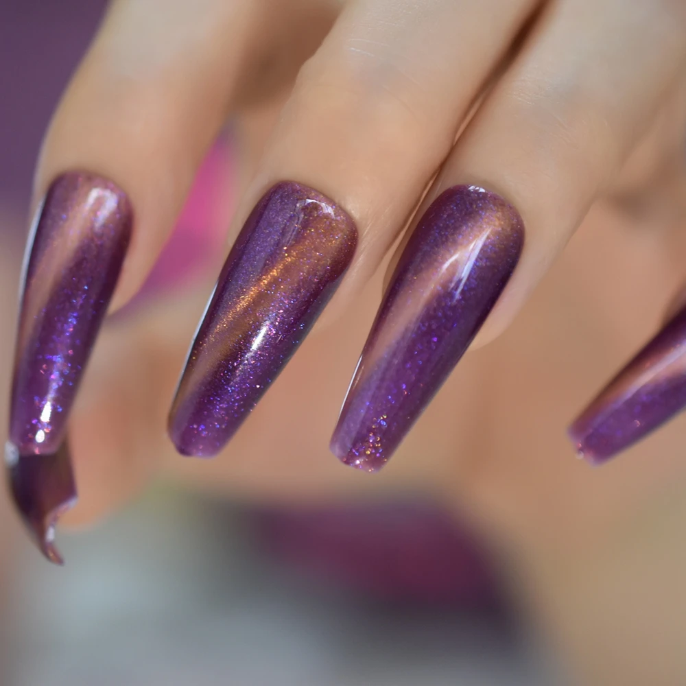 Shiny Bling Sky Purple Cat Eyes Press on False Nails Extra Long Ballerina Coffin Fake UV Full Cover Fingersnails Extention Tool