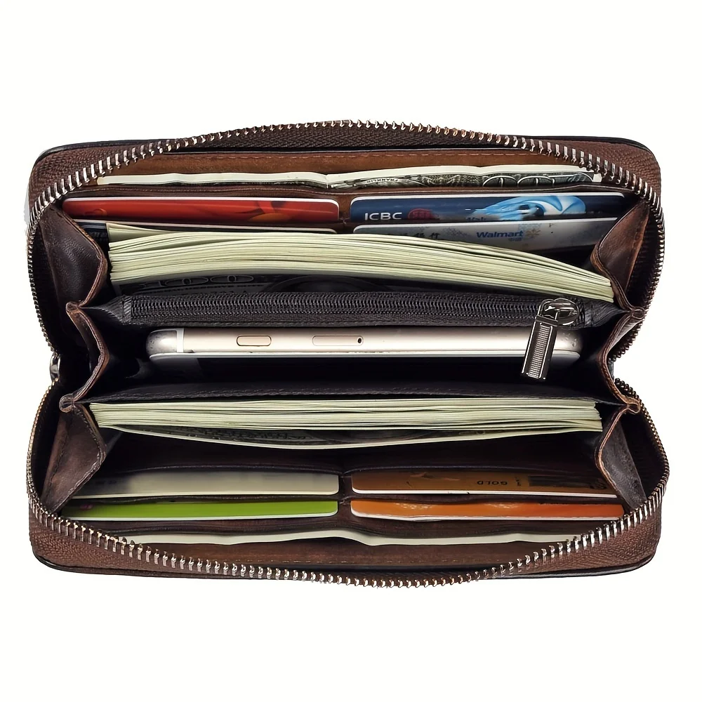 Vintage Style Fish Pattern Long Clutch Wallet, Zipper Around Coin Purse, Classic Textured Large Capacity Credit Card Holder