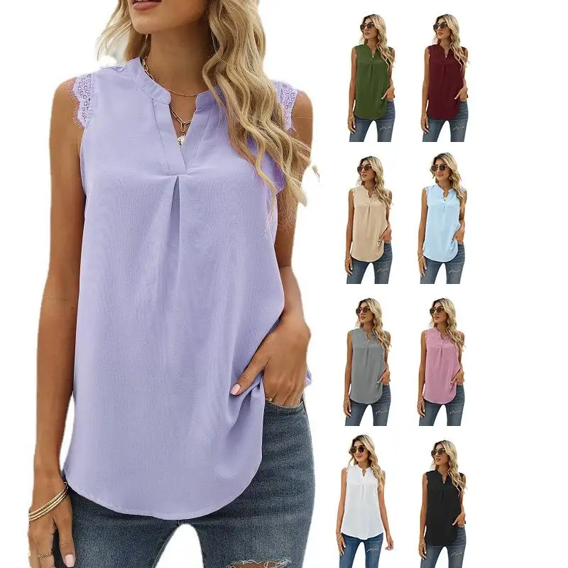 

Women's Lace Top Sleeveless Commute Style Shirt Collar Sveless Fashionable Casual Wear Pure Color Fabric Other 100%
