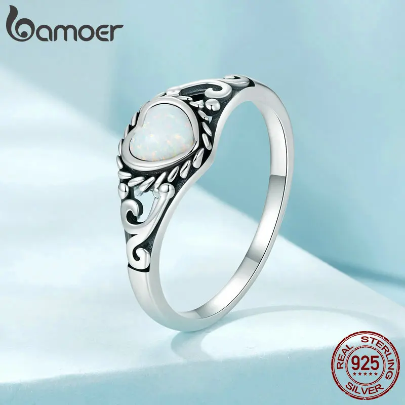 BAMOER 925 Sterling Silver Opal Heart-shaped Finger Ring Vintage Sculptured Pattern Statement Ring for Women Jewelry Gift