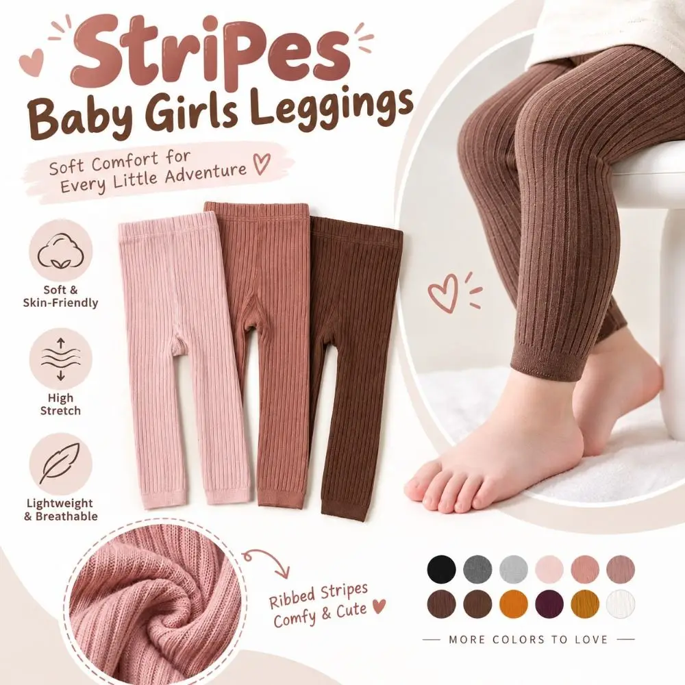 New Stripes Girls Leggings Ribbed Knit Elastic Waistband Toddler Leggings Solid Stretch Pants Girls Daily Wear