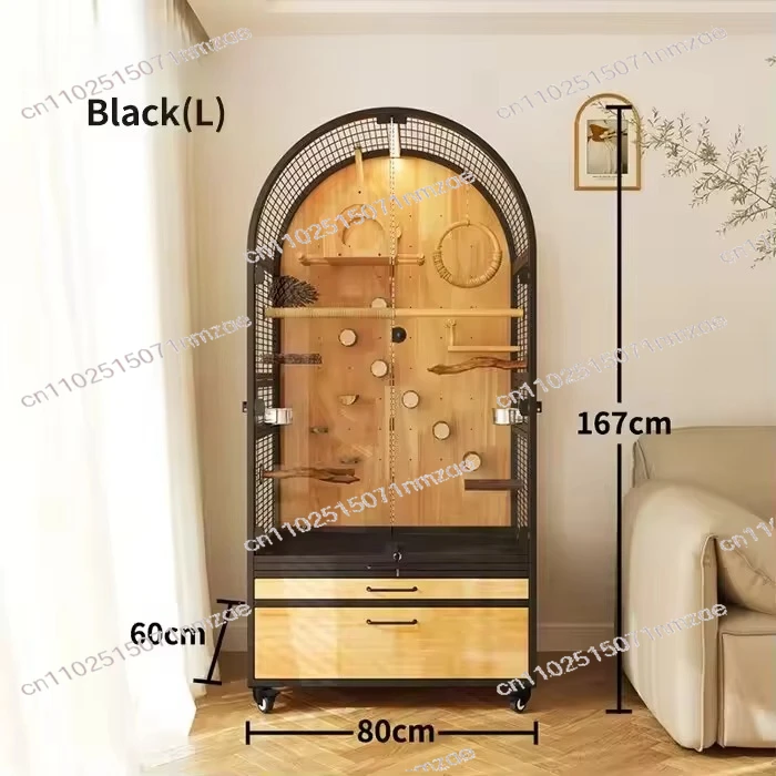 Handmade Luxury Modern Large Glass Bird Cage for Indoor Use - Plastic Tray with Wooden Base Pattern Print