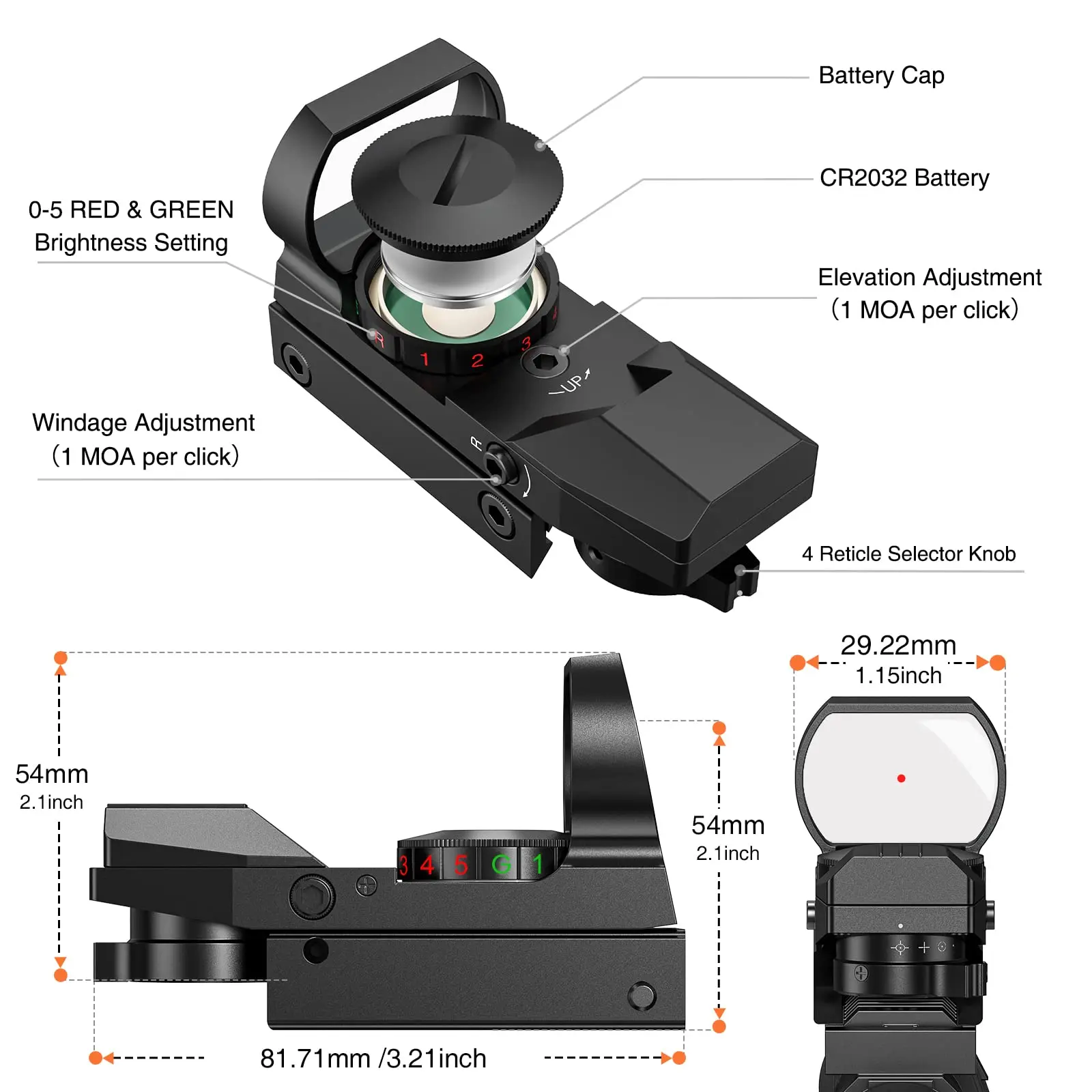 EZshoot Red Green Dot Gun Sight Scope Sight 4 Adjustable Reticles Holographic Optic with 20mm Rail Mount