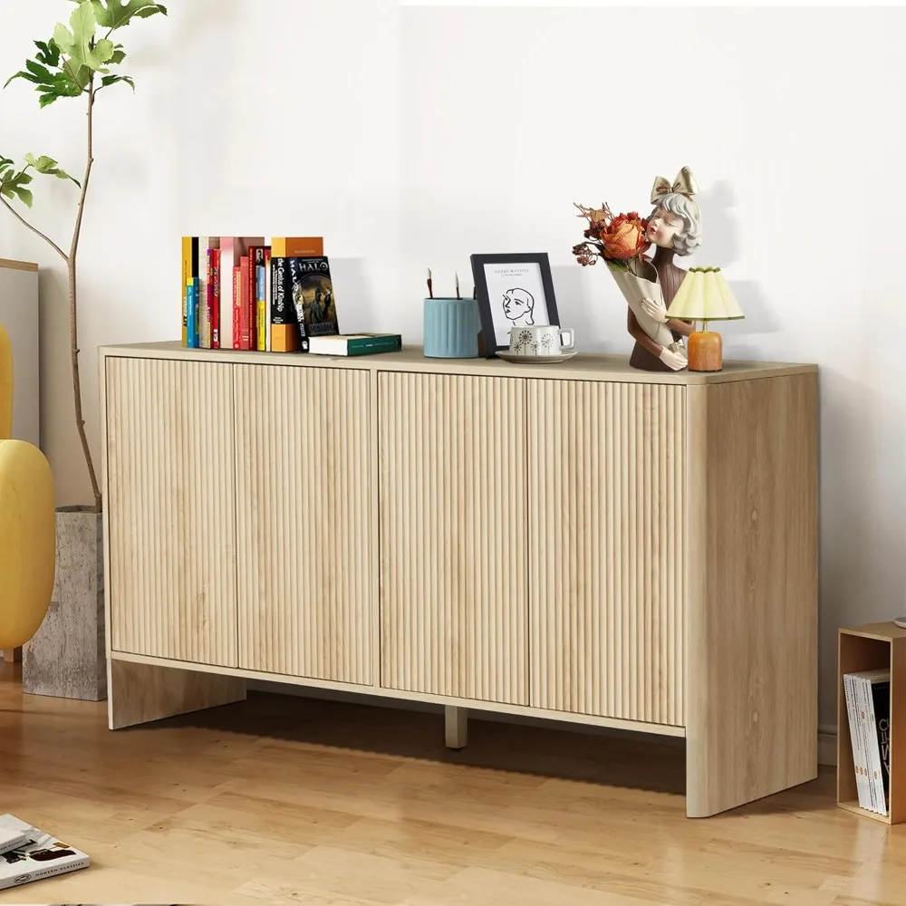 Storage cabinet with 4 slotted doors and adjustable shelves, wooden cutlery cabinet, TV stand main console