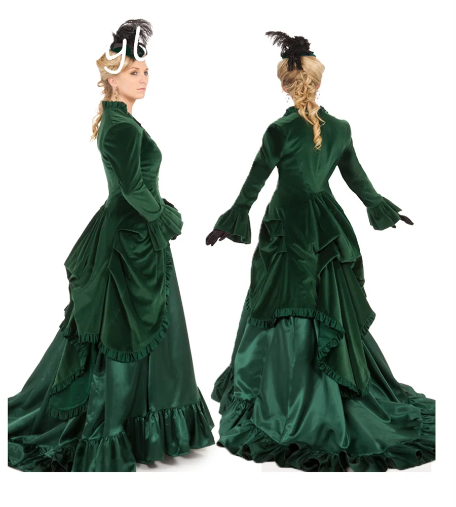 Duchess Green Medieval Evening Dress Victorian Velvet Bustle Civil War Southern Belle Prom Dress Long Sleeve Formal Customized