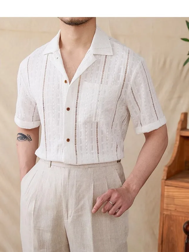 Men's Casual Cuban Short Sleeve Shirt Trendy Summer Breathable Loose Hollow Design Polyester Fiber Standard Fit Daily Wear