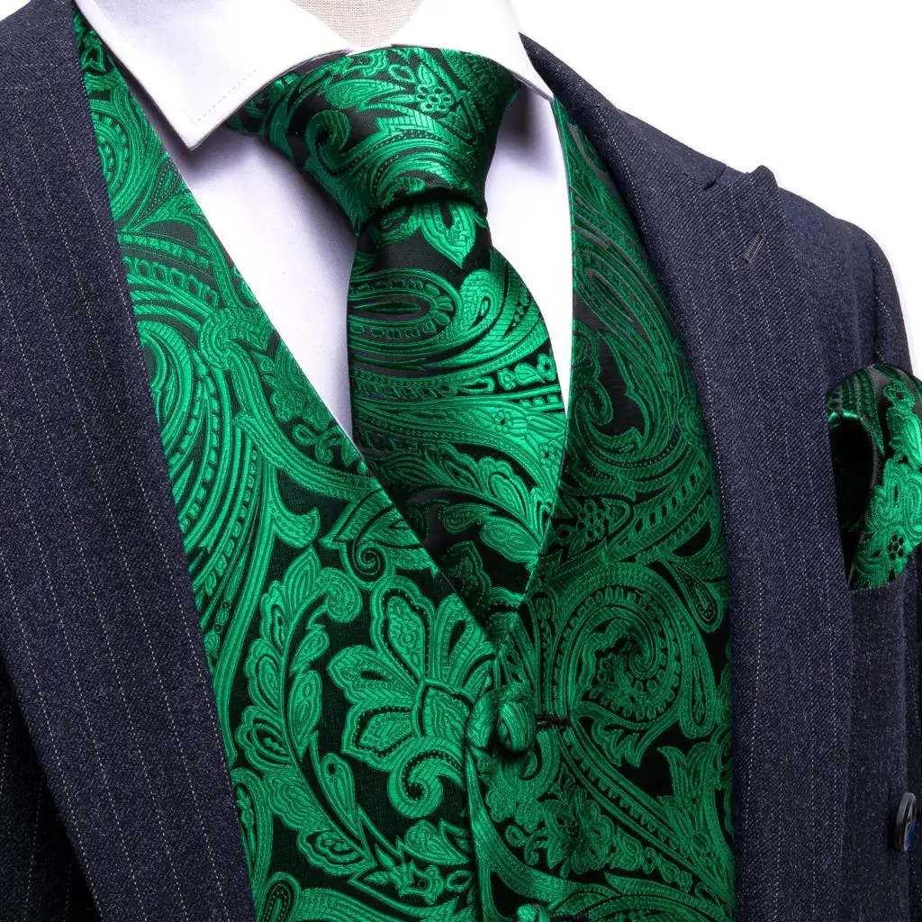 Mens Vest Tie Set Silk Waistcoat Wedding Green Black Paisley Formal Gift Party Dress Suit Sleeveless Jacket Man Barry Wang