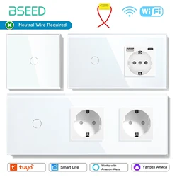 BSEED Wifi 1/2/3Gang Smart Touch Switches Plus EU Wall Sockets USB Type-c Tuya Smart Life Alexa App Control Work With Capacitor