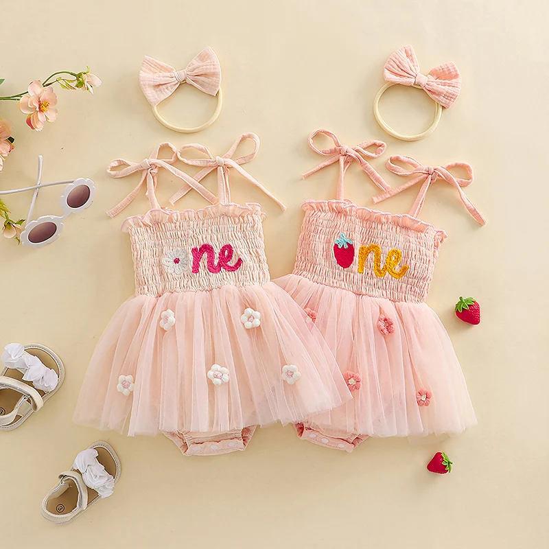 Baby Girl Romper Dress Casual Letter Embroidery Sleeveless Summer Jumpsuit and Headband Set Cute Fashion Clothes Outfits