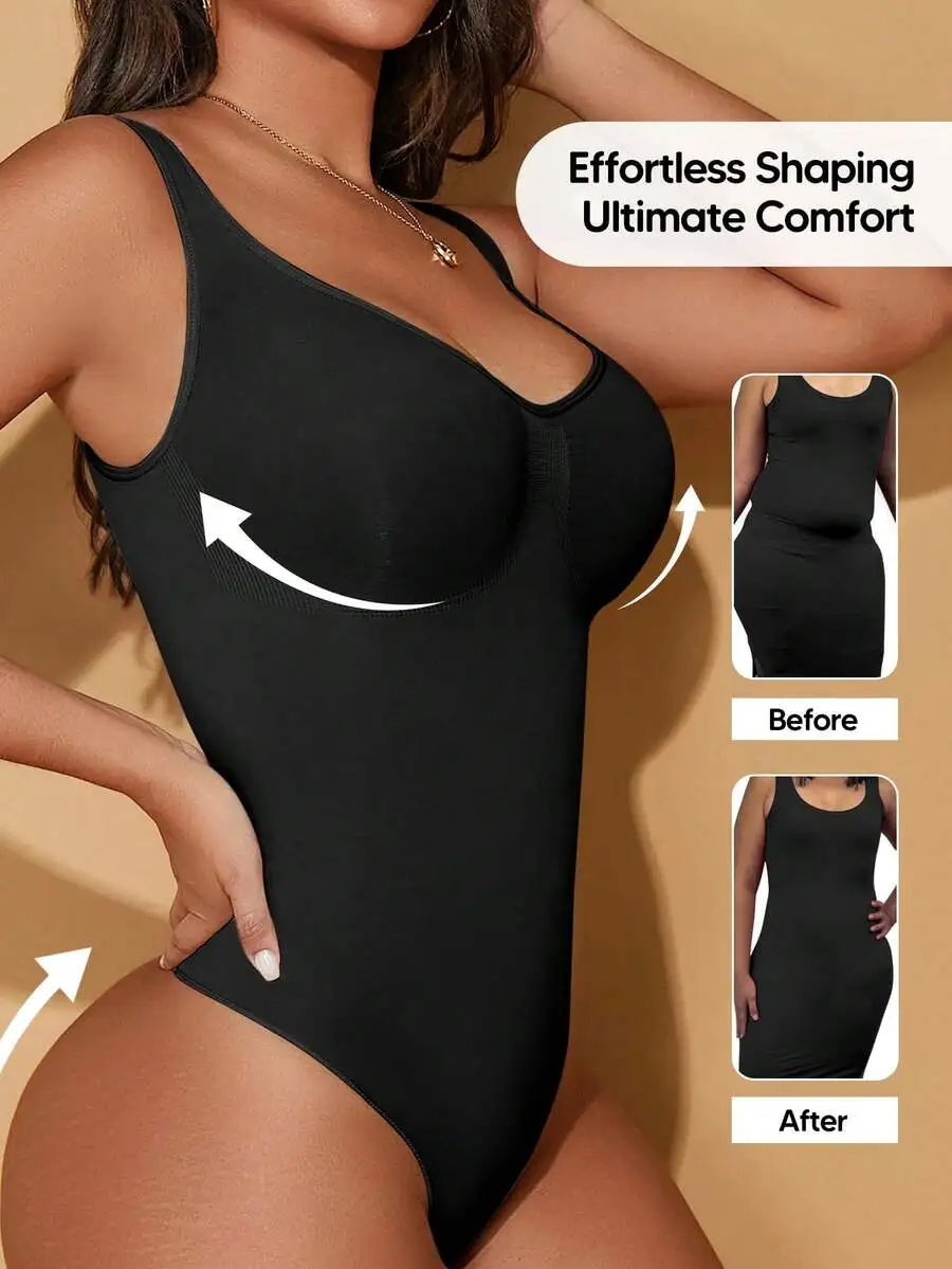 

Womens Black Tummy Control Waist Slimming Bodysuit For Layering Shapewear Summer