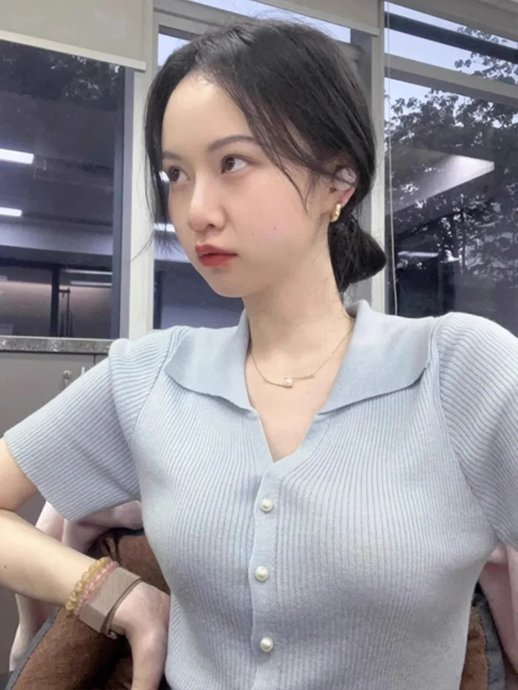 블루 폴로넥 아이스 실크 반팔 니트 탑 여성용 얇은 여름 스몰 사이즈 어깨 V넥 티셔츠 한국 스타일 슬림핏