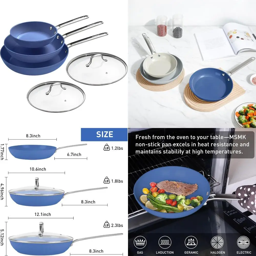 

Набор керамической посуды с антипригарным покрытием: сковороды 8–10 и 12 дюймов со стеклянными крышками и прохладными ручками — идеально подходит для жарки и повседневного приготовления пищи