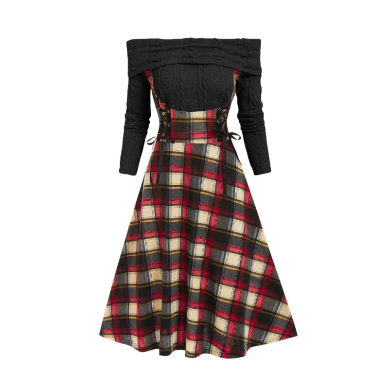 Women's Plus Size Off-Shoulder Elegant Dress Plaid Stripes Black Patchwork Lace Up Waist Long Sleeve Casual Spring 2025 Dresses