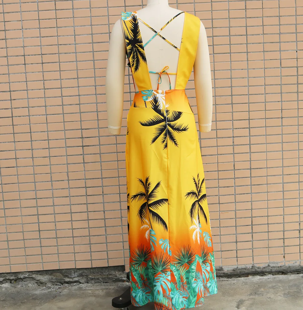 2025 sommer Ärmellose Tiefem V-ausschnitt Kleid Frauen Sexy Backless Saum Schlitz Straße Strand Schlanke Elegante Frau Maxi Kleider 2-stück Sets