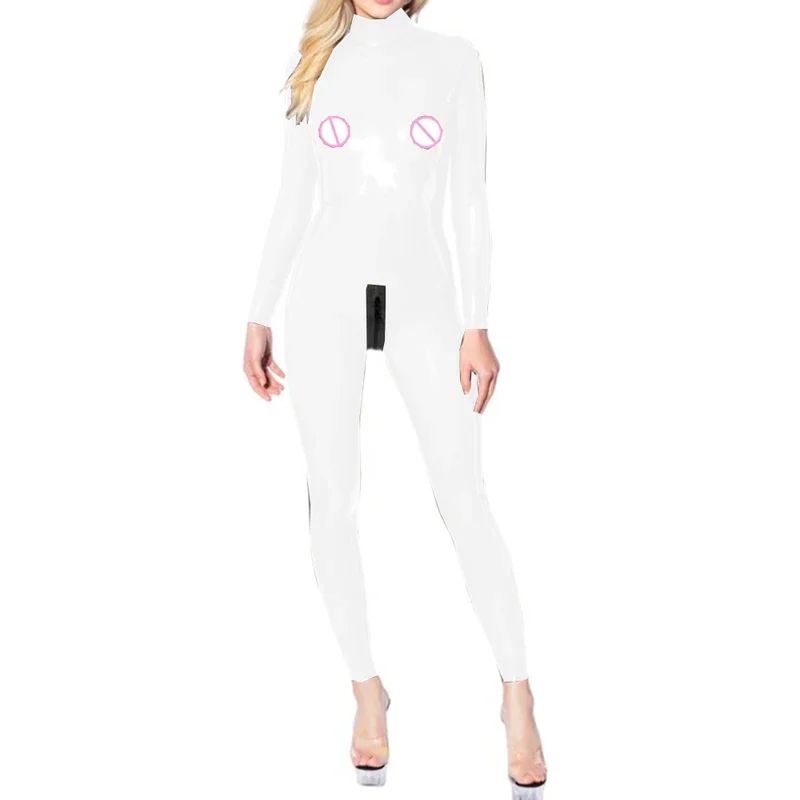 Plastic Clear PVC Mock Neck Bodycon One-piece Long Sleeve Jumpsuits See Through Zip Open Crotch Jumpsuits Fetish Exotic Catsuits