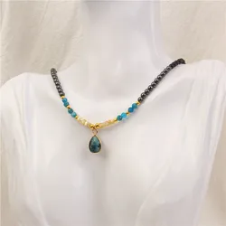 Vintage Blue Apatite Water Drop Pendent Necklace Natural Amethysts Hematite Stone Bead Necklace Elegant Female Jewelry Gift