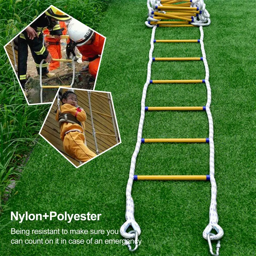 Emergency Escape Ladder Soft Rope Flame Resistant Portable with Hooks Kids Adults for Outdoor Aerial Work Engineering 300CM