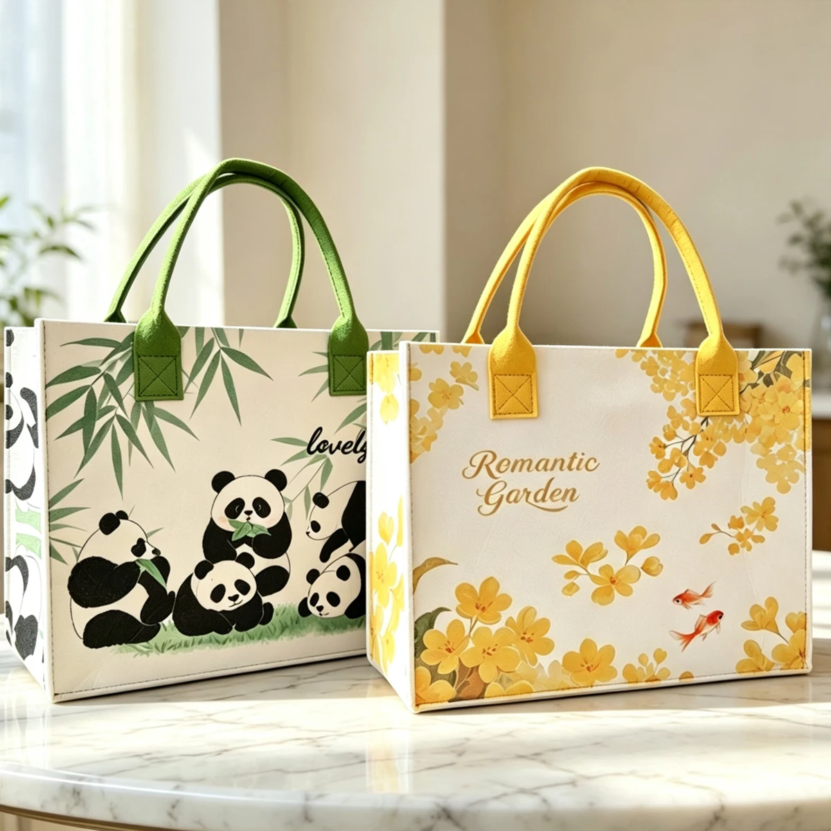 Cute Panda Bamboo Print Felt Tote Bag, Lovely Animal Pattern Shoulder Handbag, Large Capacity Reusable Shopping Bag