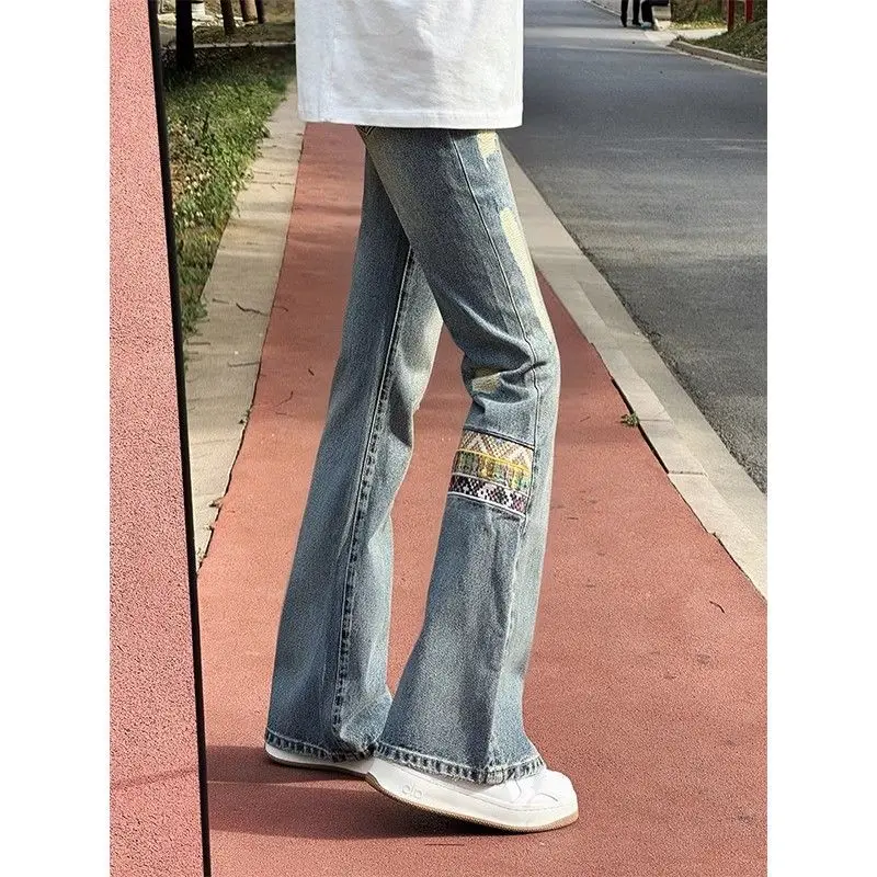 

Мужские джинсы в американском ретро-стиле, прямые, с вырезами, слегка расклешенные, длинные брюки, эффект стройности, повседневные, из хлопка