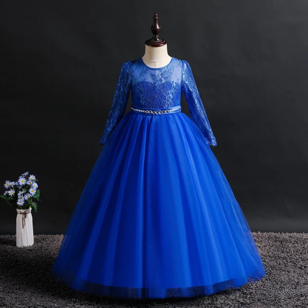 Vestido de manga larga para niña, falda de encaje para fiesta de boda, Vestidos de actuación, 6 colores, 120cm-170cm