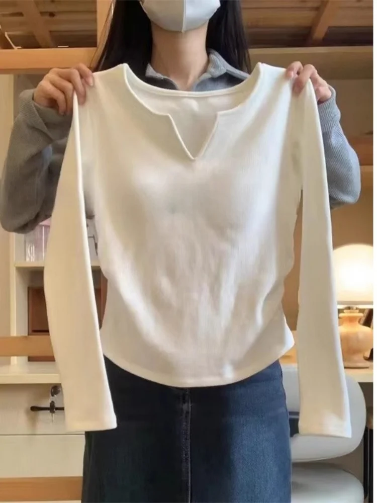 Weißes V-Ne Long Sve Damen-T-Shirt aus reiner Baumwolle, faionable Base Layer irt Schlankheitsoberteil für Herbst und Winter