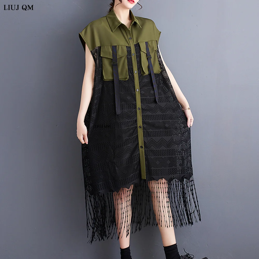 Plus Size Mesh Lace Dress Patchwork Turn-down Collar Elegant Short Sleeve Shirt Dress For Women 2023 Summer Female Fashion New