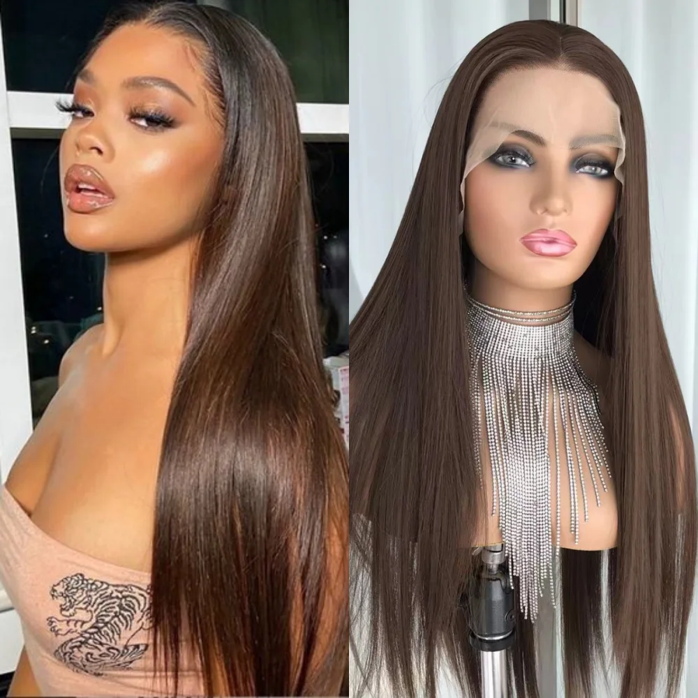 Chocolate Brown Straight Lace Front Wigs Pre Plucked with Baby Hair Glueless Synthetic Lace Wigs For Black Women High Density