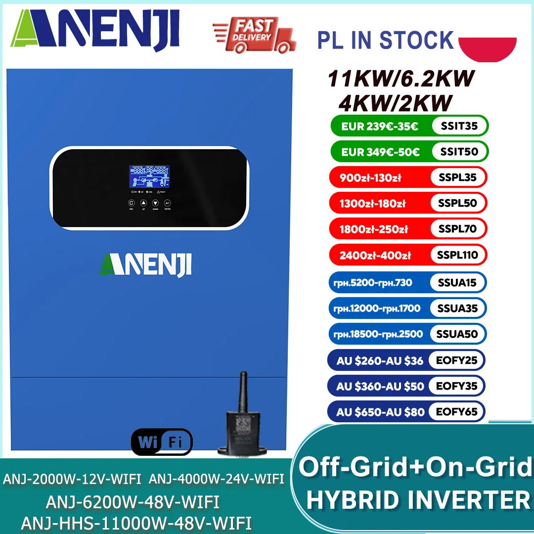 Inwerter hybrydowy solarny 11kW 6.2kW 5kW 4kW 2kW 48V 24V z kontrolerem ładowania MPPT 60A 100A 160A 220V z obsługą WIFI i BMS