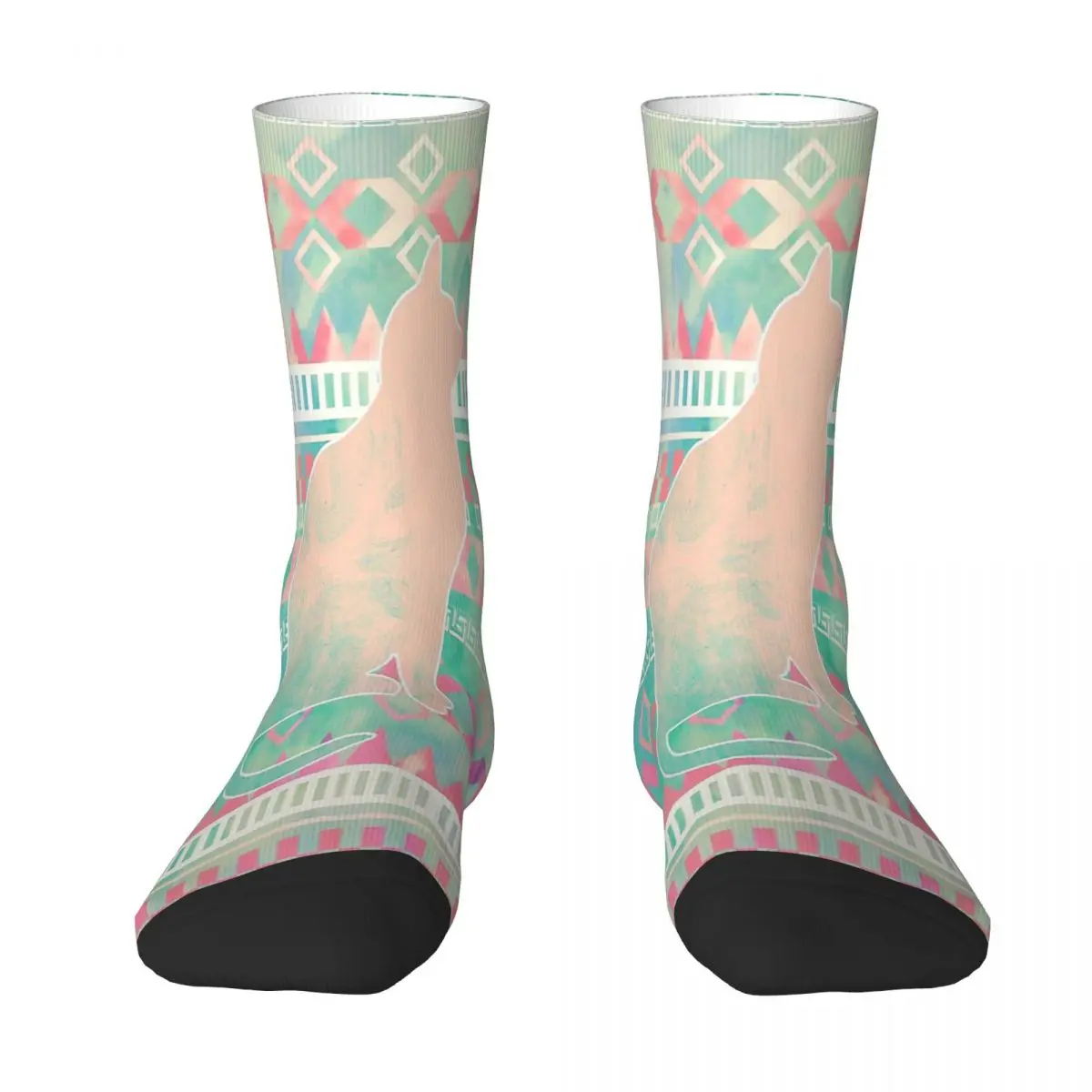 Whimsical Cat, Pink Turquoise Girly Aztec Pattern Geometric Patterns Socks Male Mens Women Spring Stockings Polyester