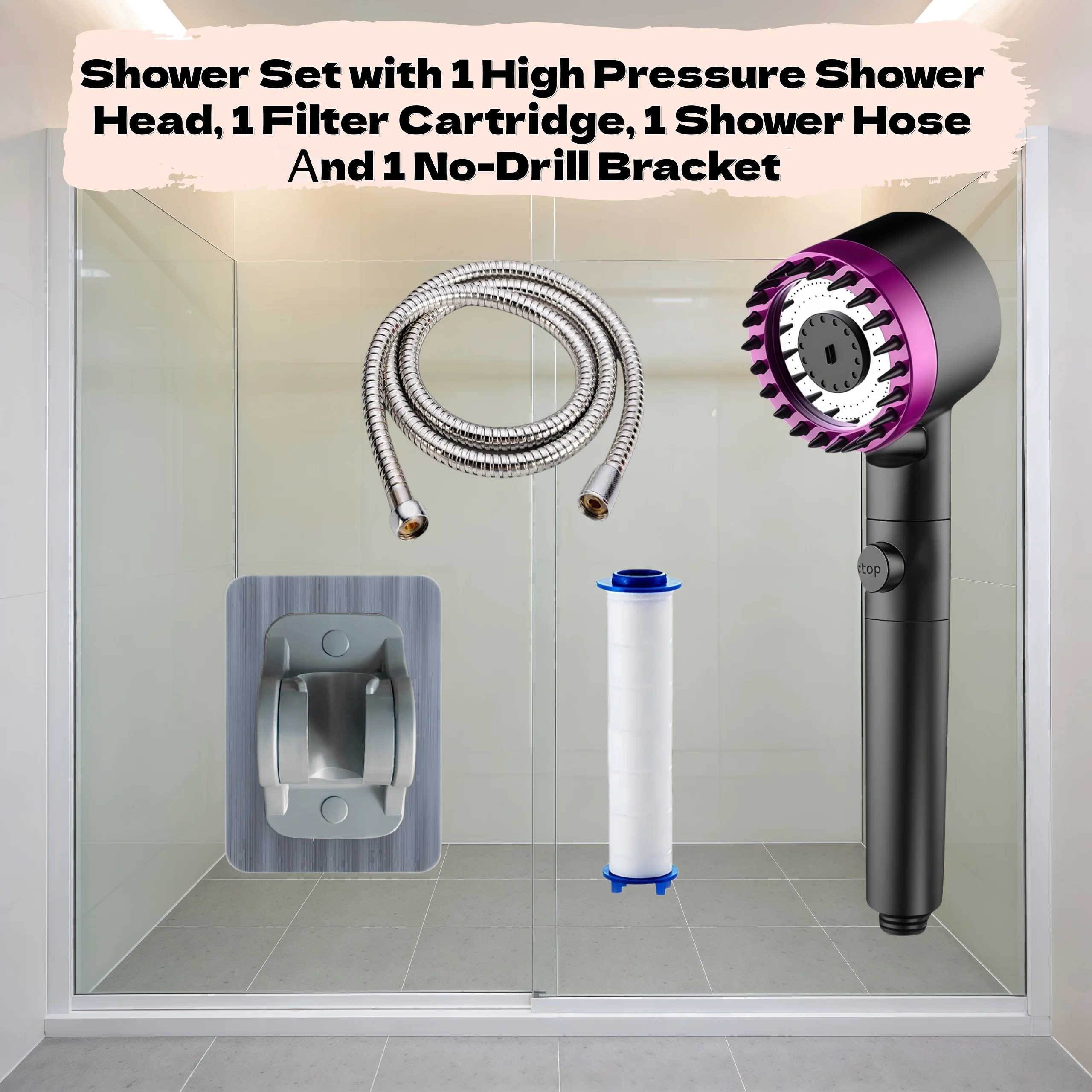 

4PCS Black Purple High Pressure Water Saving Shower Head Set 3 Modes Adjustable with 1 Filter Cartridge Hose No Drill Bracket