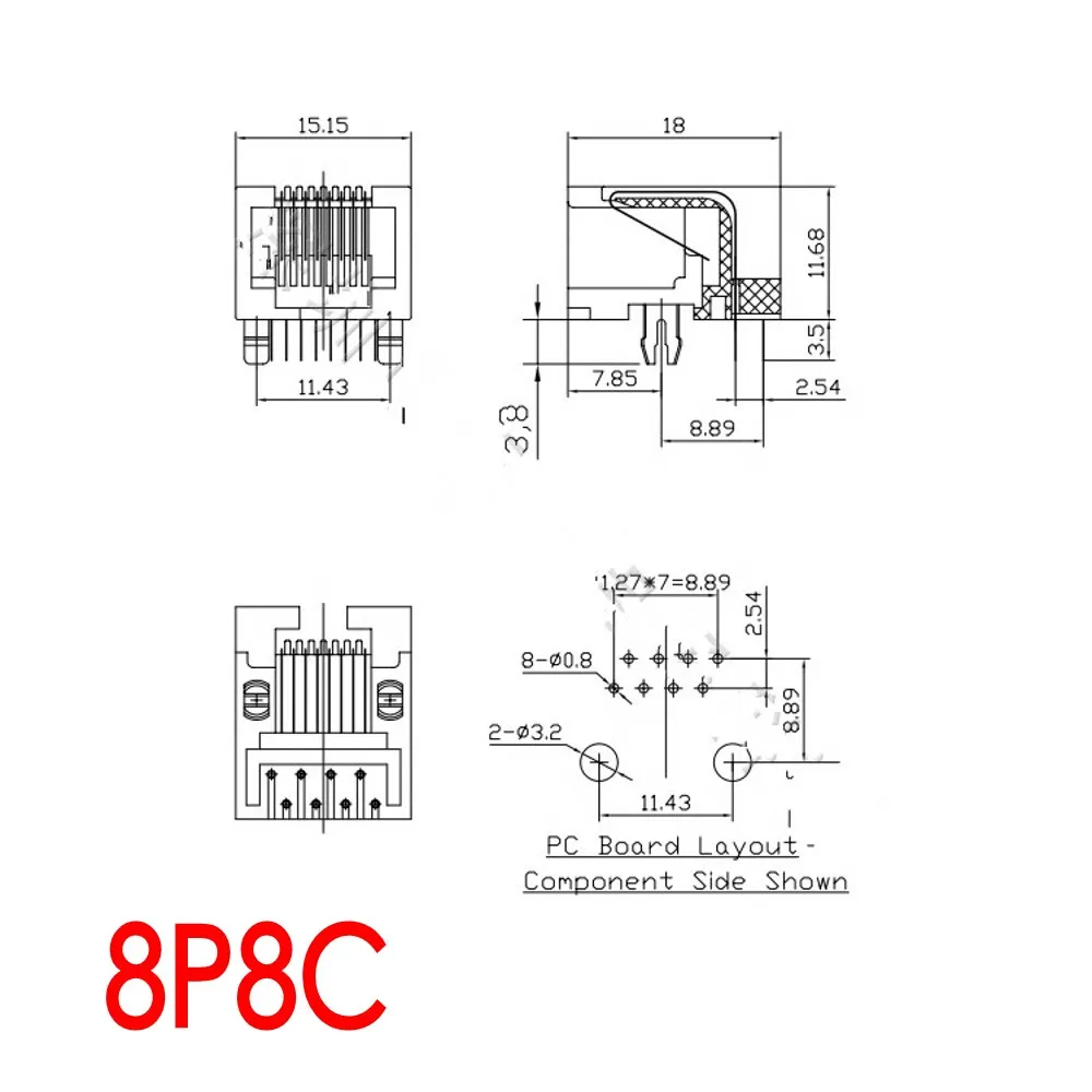 100 Stück RJ11 4P4C 6P4C 6P6C 8P8C 95001 Telefonbuchse Gebogene 90-Grad-Buchse PCB-Anschluss 4-polig 6-polig 8-polig Kunststoff – Detail 4