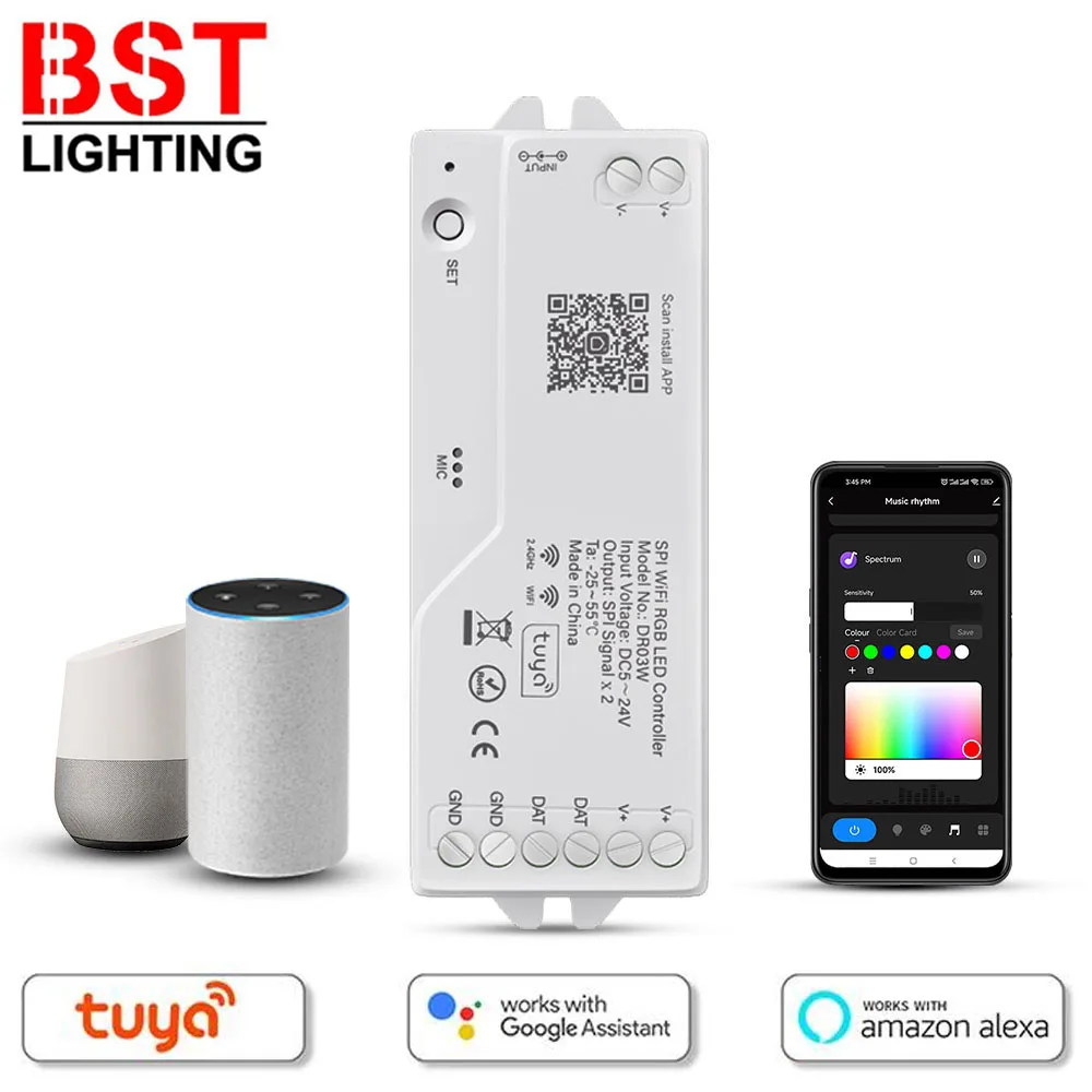 tuya spi wifi rgb led strip controller ws2812b ws2811 ws2814 sk6812 funciona com o google home alexa ws2813 ws2815 5050 01