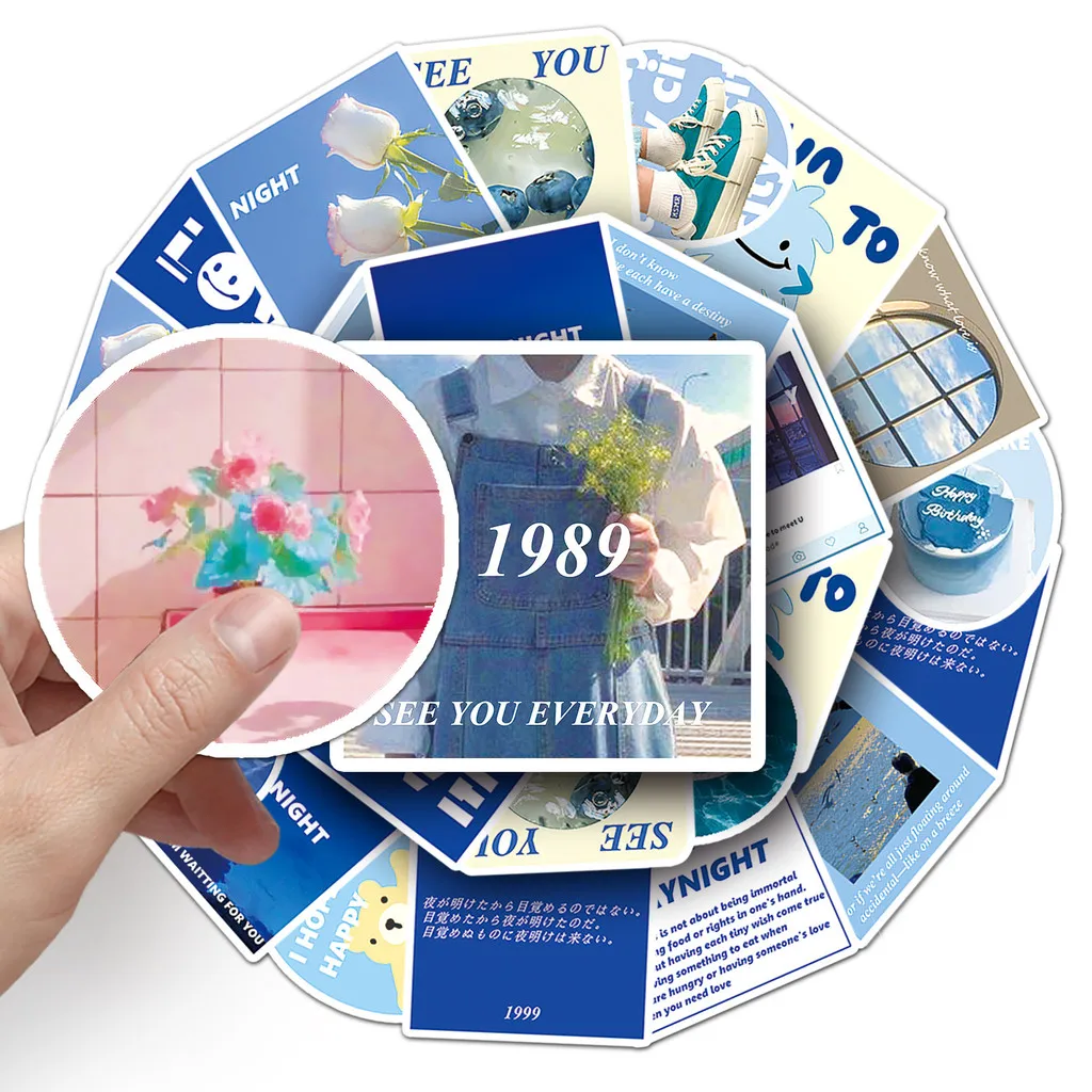50 Pieces Original Blue INS Style Journal Stickers - Literary English Collage, Waterproof Decor RecordingYourLife Store