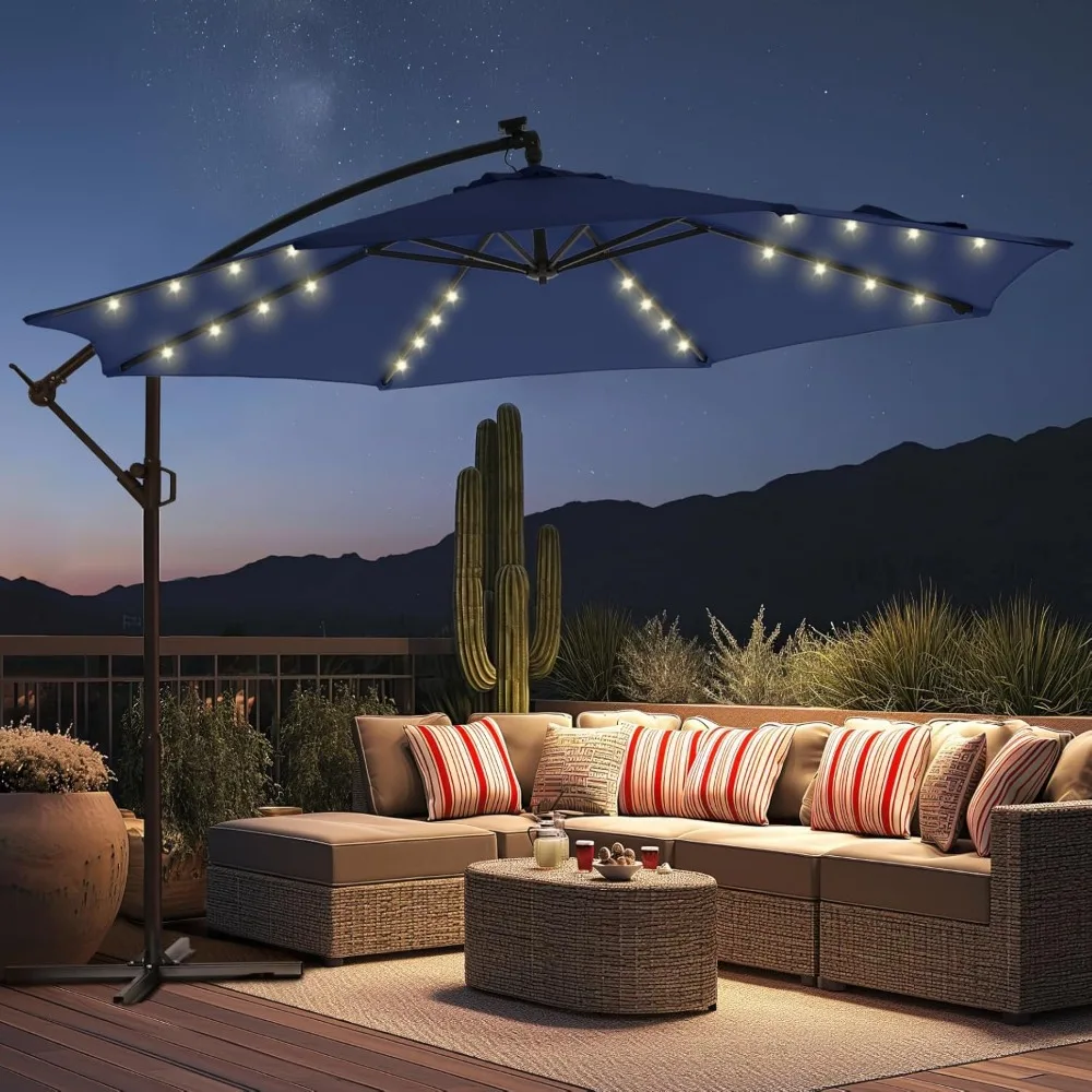 

10ft Solar Lights Offset Cantilever Patio Umbrella,LED Lighted Offset Hanging Patio Outdoor Market Umbrella,UPF50+ UV Protection