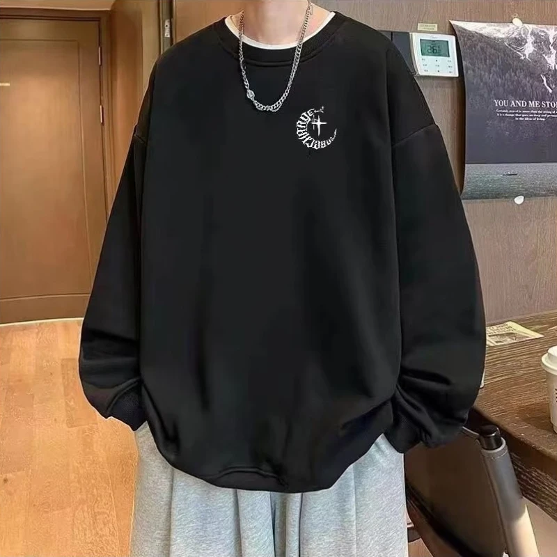 M-8XL Autumn Men Oversized Sweatshirts Fashion Loose American Moon And Stars Print Long Sleeve Plus Velvet Couple Clothes