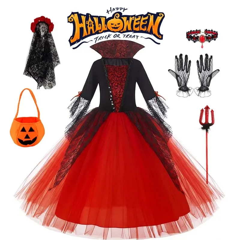 2026 Halloween Mädchen Cosplay Geisterbraut Vampir Netz-Kostüm Kinder Prinzessinnenkleid Aufführung Schwarze Abendkleidung Anzüge – Detail 1