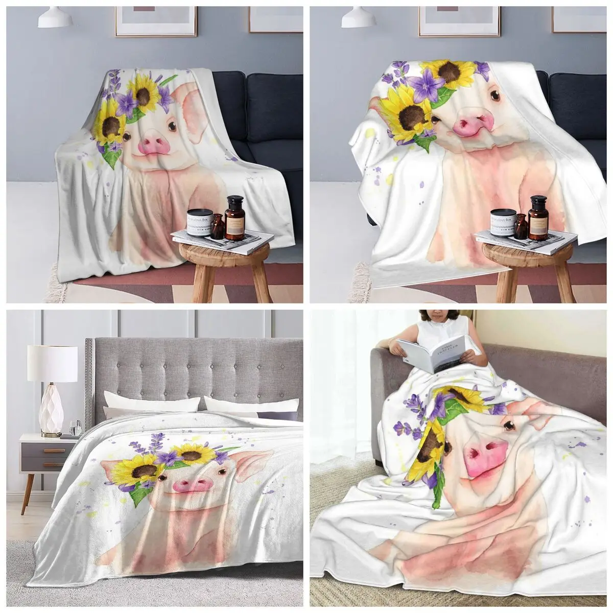Funny Pig Surround By Sunflower Blanket Soft Warm Flannel Throw Blanket Bedspread for Bed Travel Home Couch